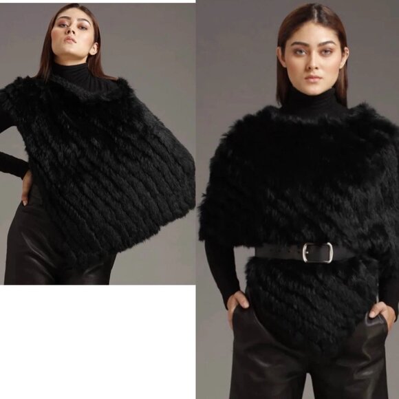 WILSONS LEATHER MAXIMA Women's Black Rabbit Fur Knit Shawl Poncho ONESIZE - Picture 2 of 7